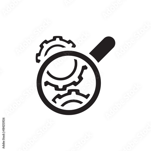 Cog Wheels Inspection Icon. Gears and Magnifier. Engineering Symbol.