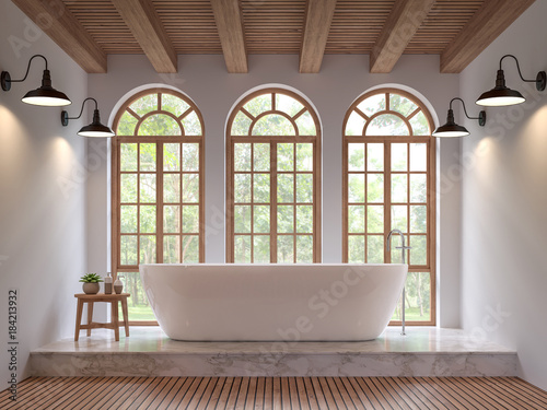 Scandinavian bathroom 3d rendering image.The Rooms have wooden and white marble floors wooden ceilings and white walls .There are arch shape window overlooking to the nature.