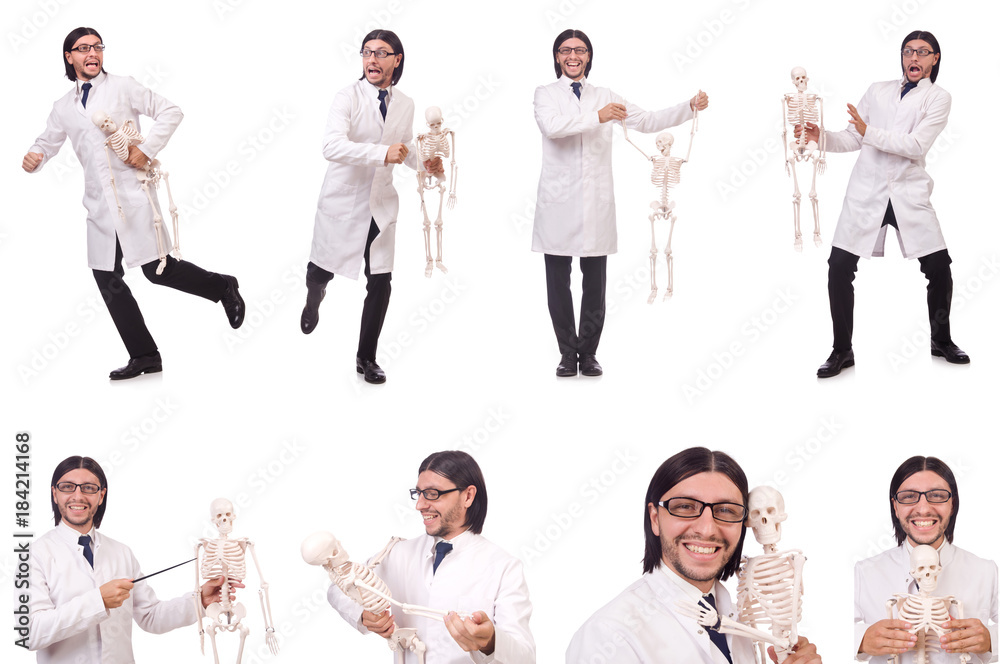 Funny teacher with skeleton isolated on white Funny teacher with skeleton isolated on white