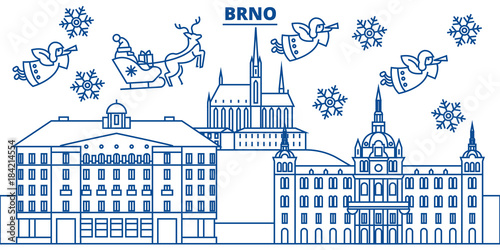 Czech Republic, Brno winter city skyline. Merry Christmas, Happy New Year decorated banner with Santa Claus.Winter greeting line card.Flat, outline vector. Linear christmas snow illustration