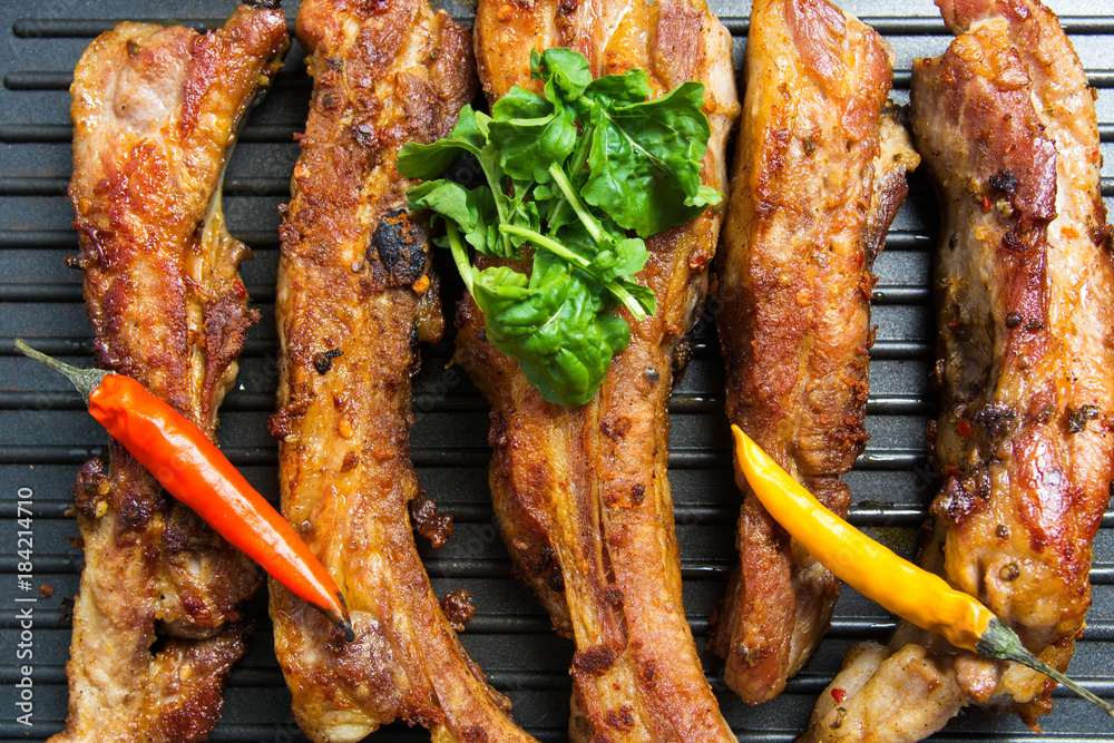 grilled pork ribs with aromatic spice , top view