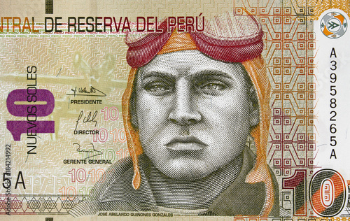Jose Quinones Gonzales on Peru currency 10 soles (2009) banknote, Peruvian money close up.. photo