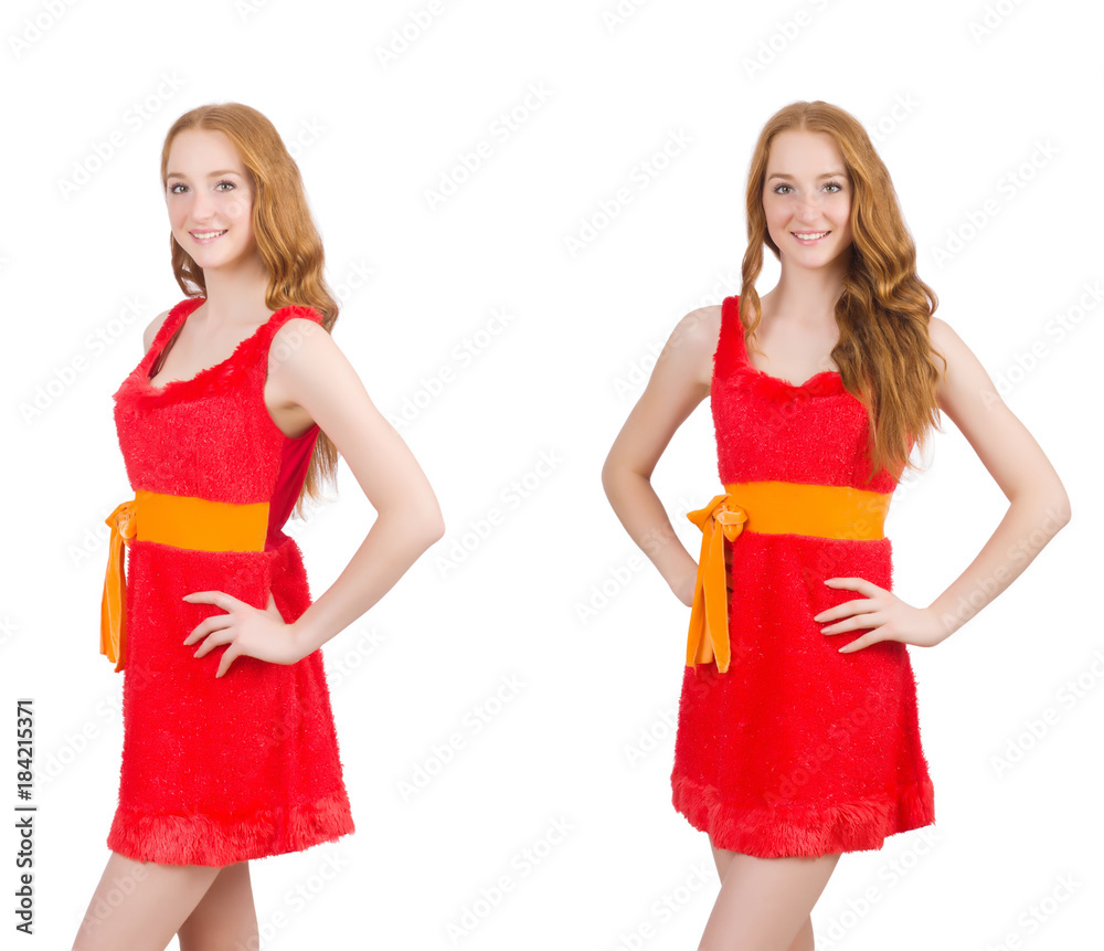 Young beautiful girl in red dress thunms up isolated on white Young beautiful girl in red dress thunms up isolated on white