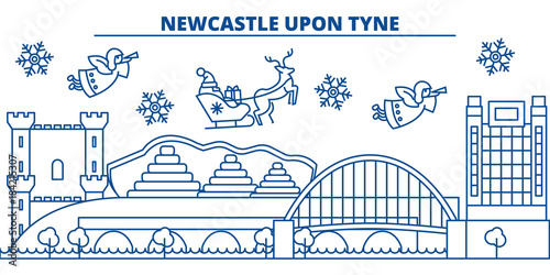Great Britain, Newcastle upon Tyne winter city skyline. Merry Christmas, Happy New Year decorated banner with Santa Claus.Winter greeting line card.Flat, outline vector. Linear christmas snow