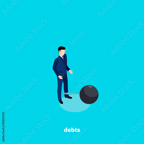 a man in a business suit with a core chained to his leg, debts in business, an isometric image