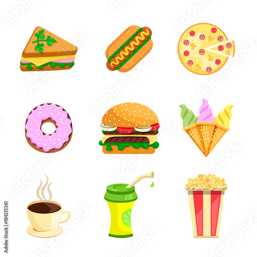 set of flat cartoon fast food icons