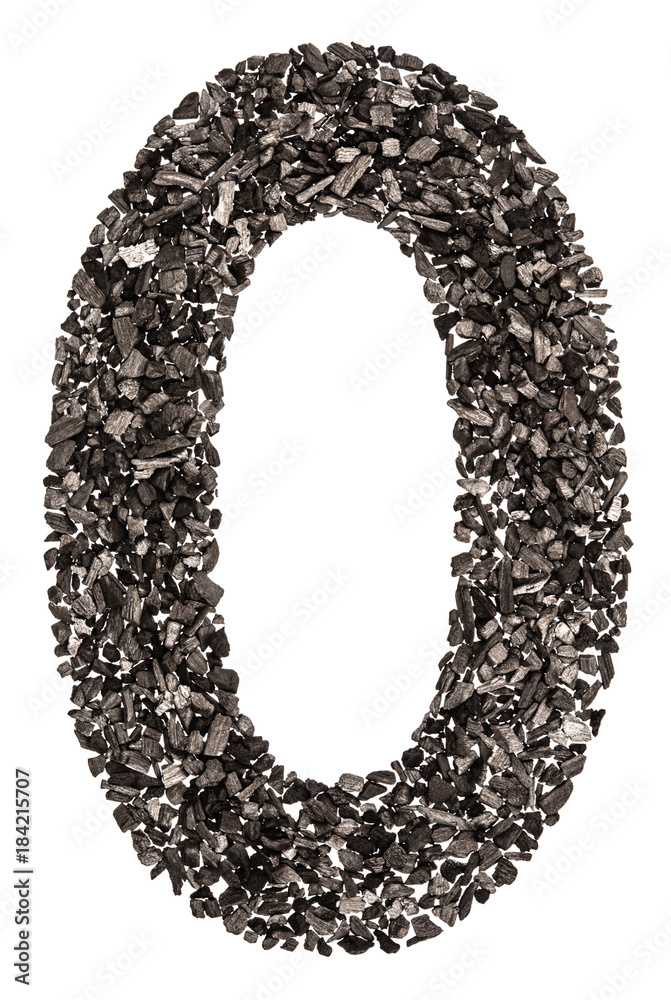 Arabic numeral 0, zero, from black a natural charcoal, isolated on white background Arabic numeral 0, zero, from black a natural charcoal, isolated on white background