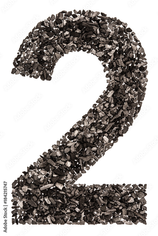 Arabic numeral 2, two, from black a natural charcoal, isolated on white background Arabic numeral 2, two, from black a natural charcoal, isolated on white background