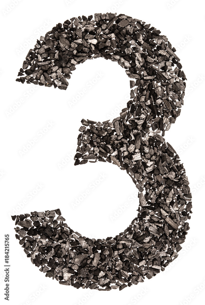 Arabic numeral 3, three, from black a natural charcoal, isolated on white background Arabic numeral 3, three, from black a natural charcoal, isolated on white background