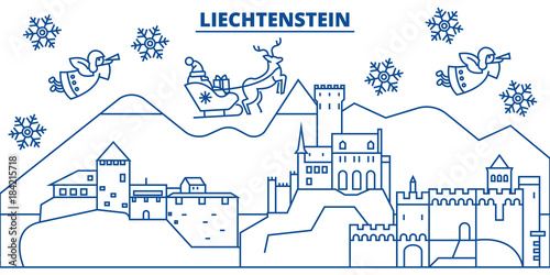 Liechtenstein winter city skyline. Merry Christmas, Happy New Year decorated banner with Santa Claus.Winter greeting line card.Flat, outline vector. Linear christmas snow illustration