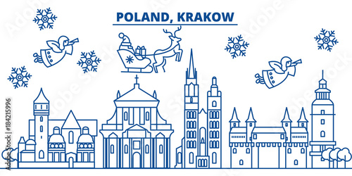 Poland, Krakow winter city skyline. Merry Christmas, Happy New Year decorated banner with Santa Claus.Winter greeting line card.Flat, outline vector. Linear christmas snow illustration