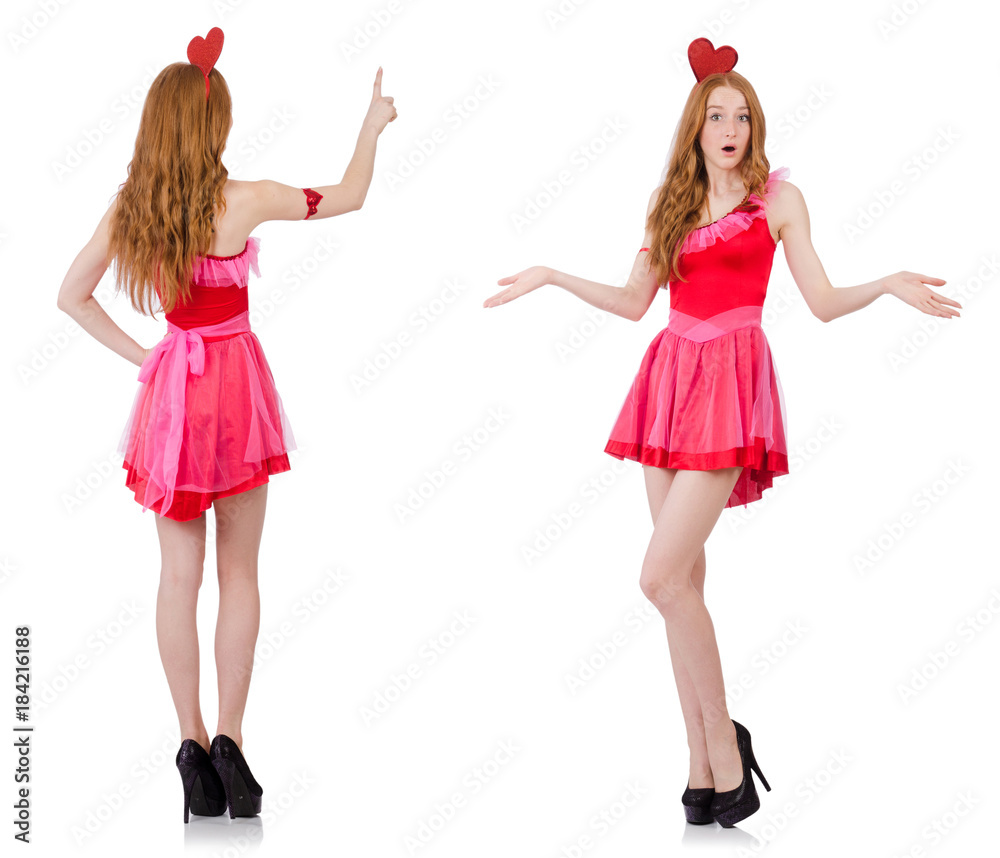 Pretty young model in mini pink dress isolated on white Pretty young model in mini pink dress isolated on white
