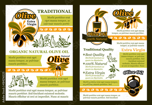Olive product poster with oil and pickled fruit