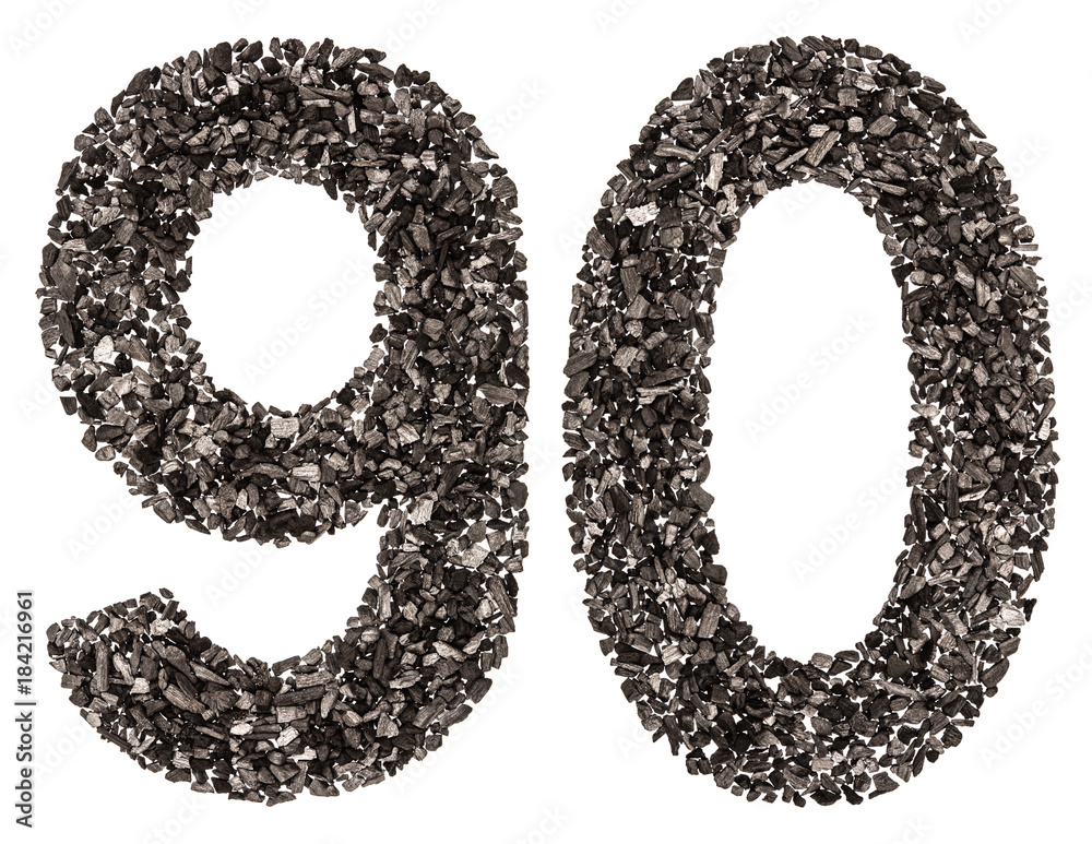 Arabic numeral 90, ninety, from black a natural charcoal, isolated on white background Arabic numeral 90, ninety, from black a natural charcoal, isolated on white background