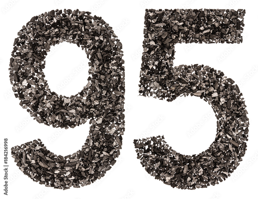 Arabic numeral 95, ninety five, from black a natural charcoal, isolated on white background Arabic numeral 95, ninety five, from black a natural charcoal, isolated on white background