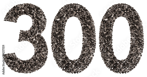 Arabic numeral 300, three hundred, from black a natural charcoal, isolated on white background
