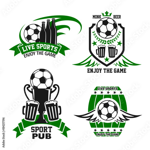 Sport bar or pub icon with beer and soccer ball