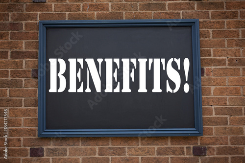 Conceptual hand writing text caption showing announcement Benefits. Business concept for Bonus Employee Financial Benefits written on frame old brick background and copy space