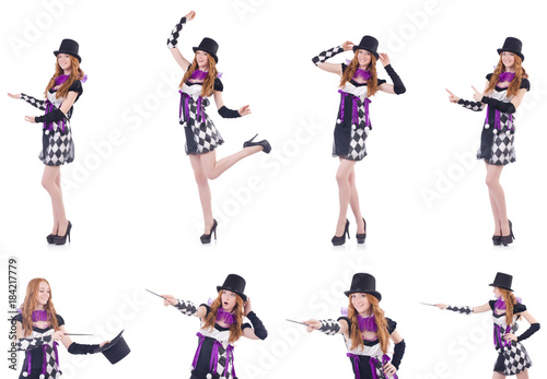 A girl in harlequin costume isolated on white