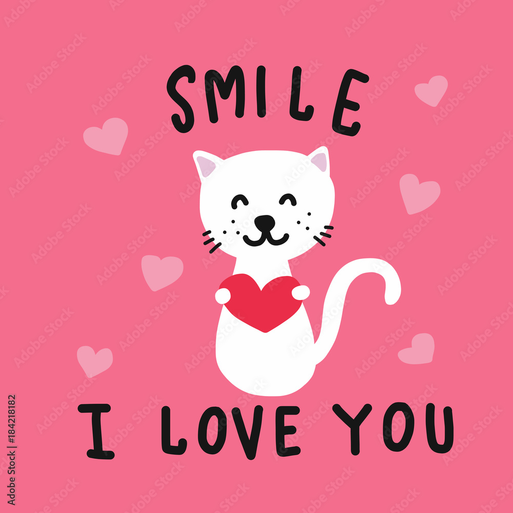 Smile I love you cute cat with red heart cartoon vector illustration Smile I love you cute cat with red heart cartoon vector illustration