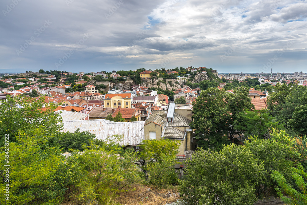 Plovdiv old town cityscape seen from Sahat Tepe, Bulgaria