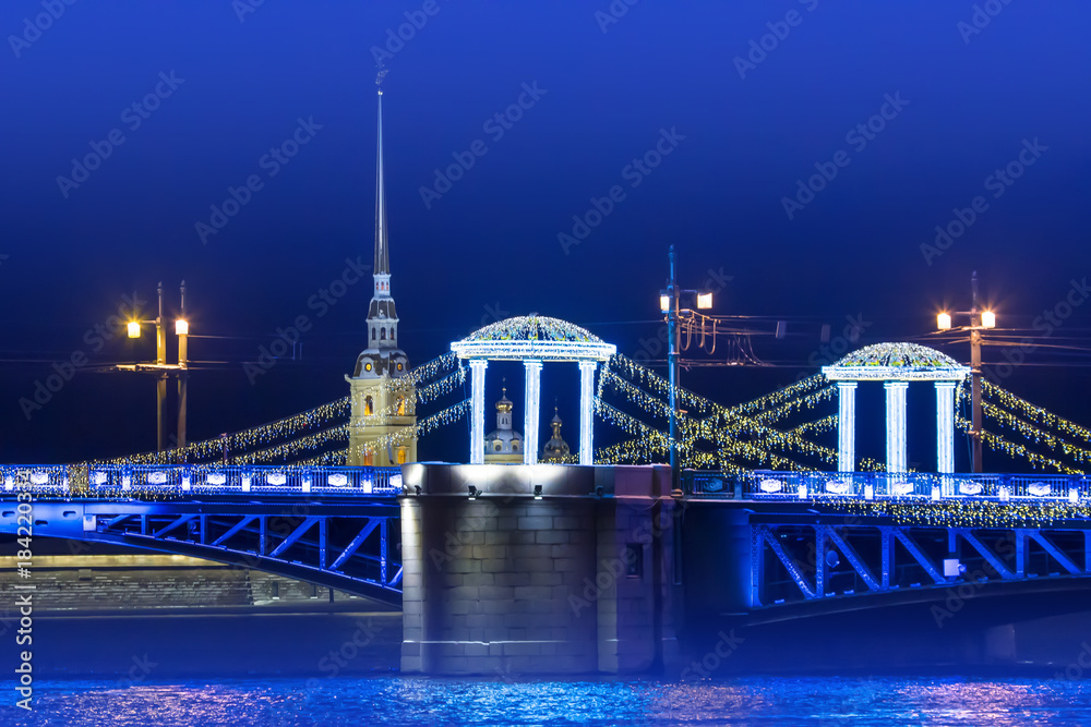 Petersburg street decorations for the New Year. Bridges of Petersburg. The palace bridge is decorated with LED garlands. Russia in the new year.