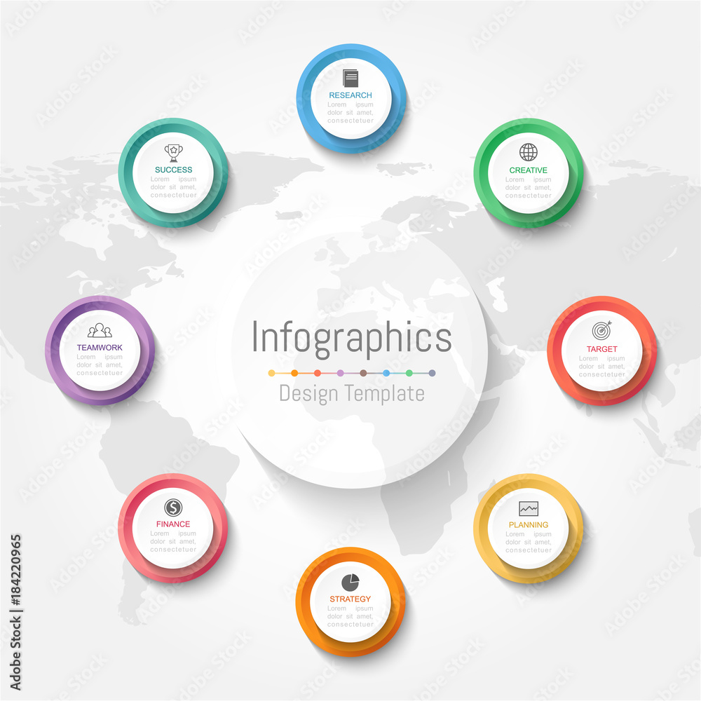 Infographic design elements for your business data with 8 options, parts, steps, timelines or processes. Vector Illustration. World map of this image furnished by NASA Infographic design elements for your business data with 8 options, parts, steps, timelines or processes. Vector Illustration. World map of this image furnished by NASA