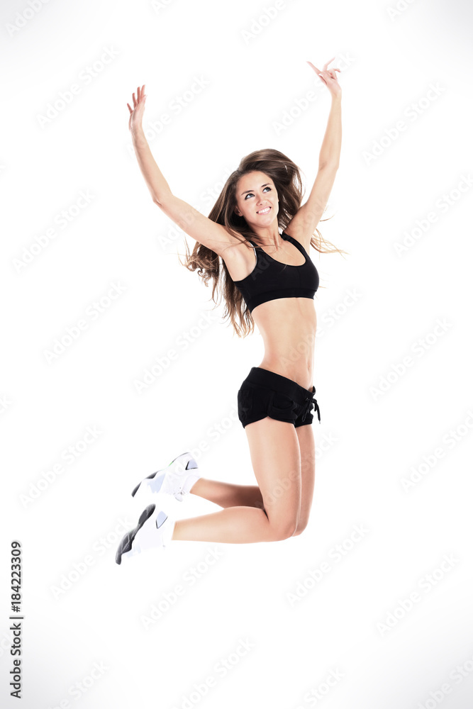 health concept:young business woman performs fitness exercise