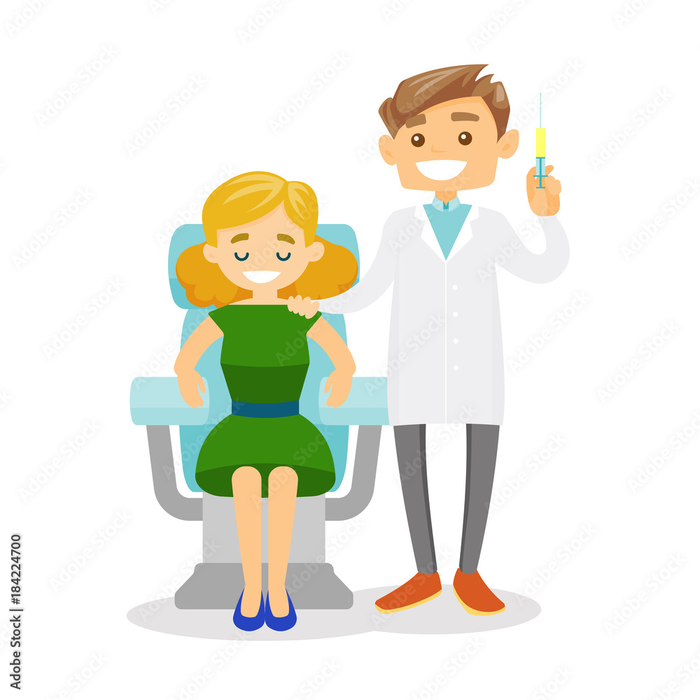 Young caucasian white doctor standing next to the female client in beauty salon and holding a syringe for beauty injection. Vector cartoon illustration isolated on white background. Square layout.