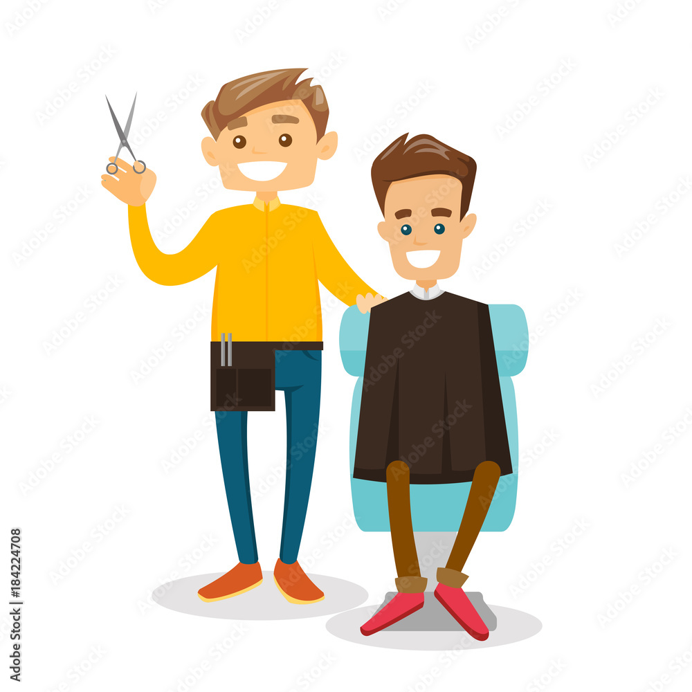 Caucasian white barber cutting the hair of a man in the barber shop.  Stylist with scissors standing in the hairdresser saloon. Vector cartoon  illustration isolated on white background. Square layout Stock Vector |