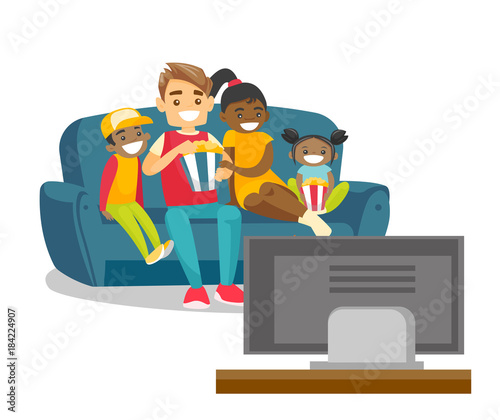 Happy multiracial parents with biracial kids sitting on the couch, eating popcorn and watching television together at home. Vector cartoon illustration isolated on white background. Square layout.