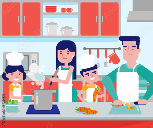 Young caucasian white parents with their son and daughter cooking together in kitchen at home. Couple with kids having fun while preparing vegetable meal. Vector cartoon illustration. Square layout.