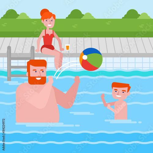 Young cheerful caucasian white father and son playing ball in swimming pool while mother sitting nearby. Happy family having fun in swimming pool. Vector cartoon illustration. Square layout.