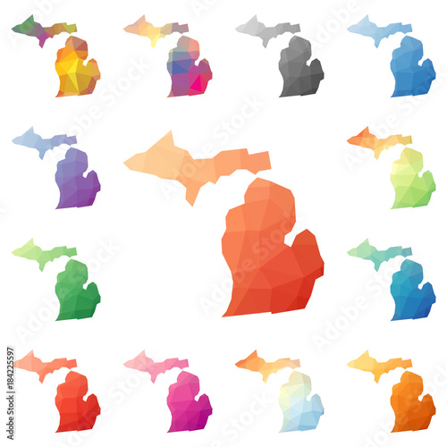 Michigan geometric polygonal, mosaic style us state maps collection. Bright abstract tessellation, low poly style, modern design. Michigan polygonal maps for your infographics or presentation.