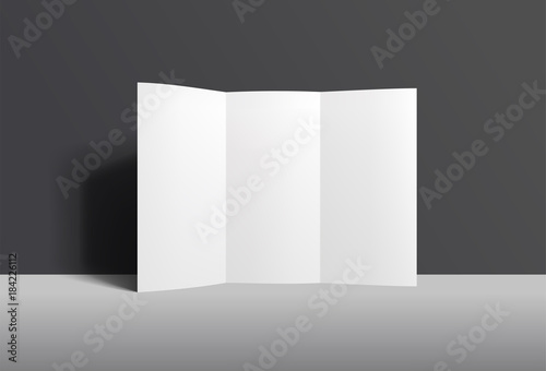 Realistic standing folded brochure mockup. White paper sheet flyer. Front view vector leaflet.