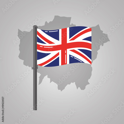 london map and great britain flag on a silver metallic pole vector illustration photo