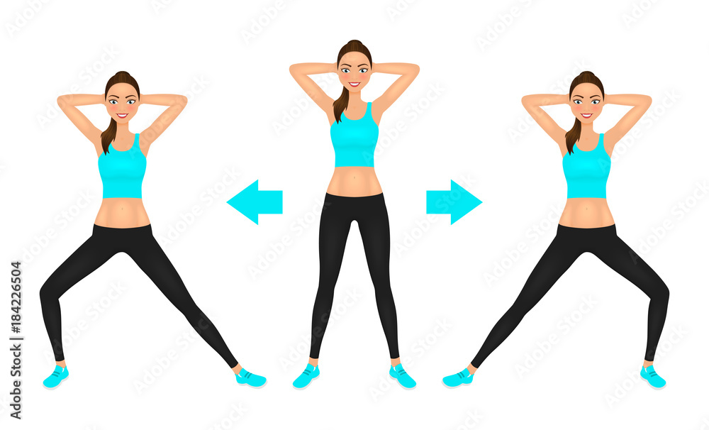 Smiling Young pretty woman make lunge exercise with hands behind head. Fit girl in leggings and crop top. Vector illustration.