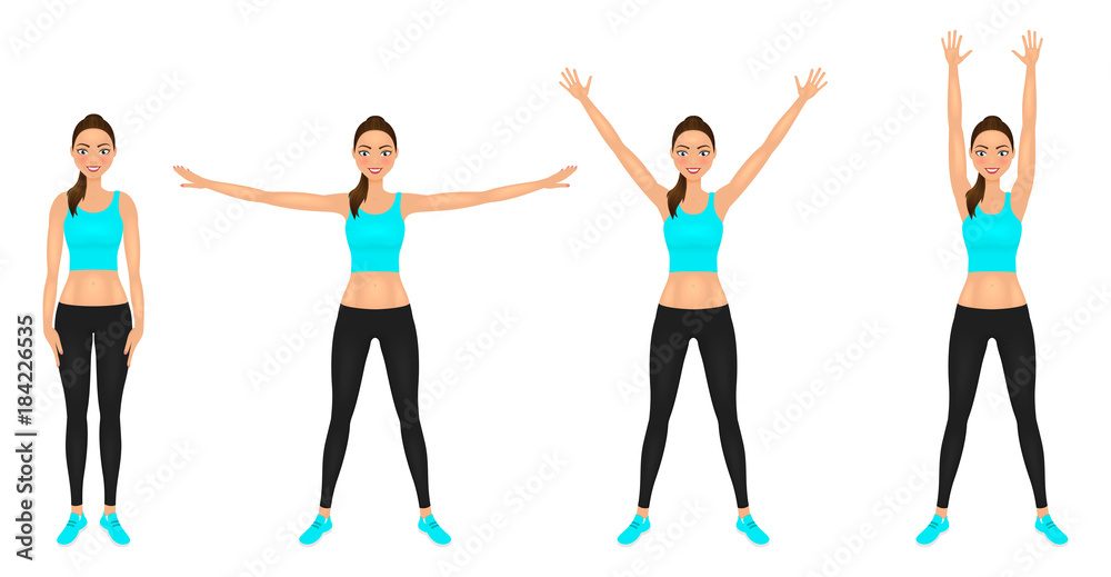 Smiling Yong woman make hands up and hands to the sides exercises. Fit girl in leggings and blue crop top. Vector character.