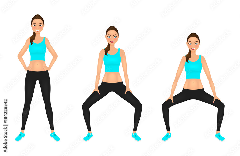 Fototapeta premium Smiling Young woman make squats exercises with hands on the hips. Fit girl in sportswear. Vector character.