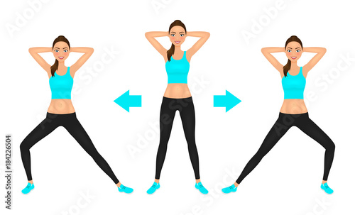 Smiling Young pretty woman make lunge exercise with hands behind head. Fit girl in leggings and crop top. Vector illustration.
