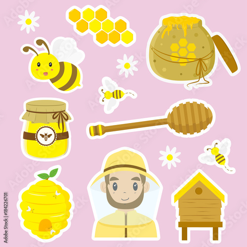 beekeeping element cartoon vector set. honey vector set with, beekeeper, beehive, and honey jar