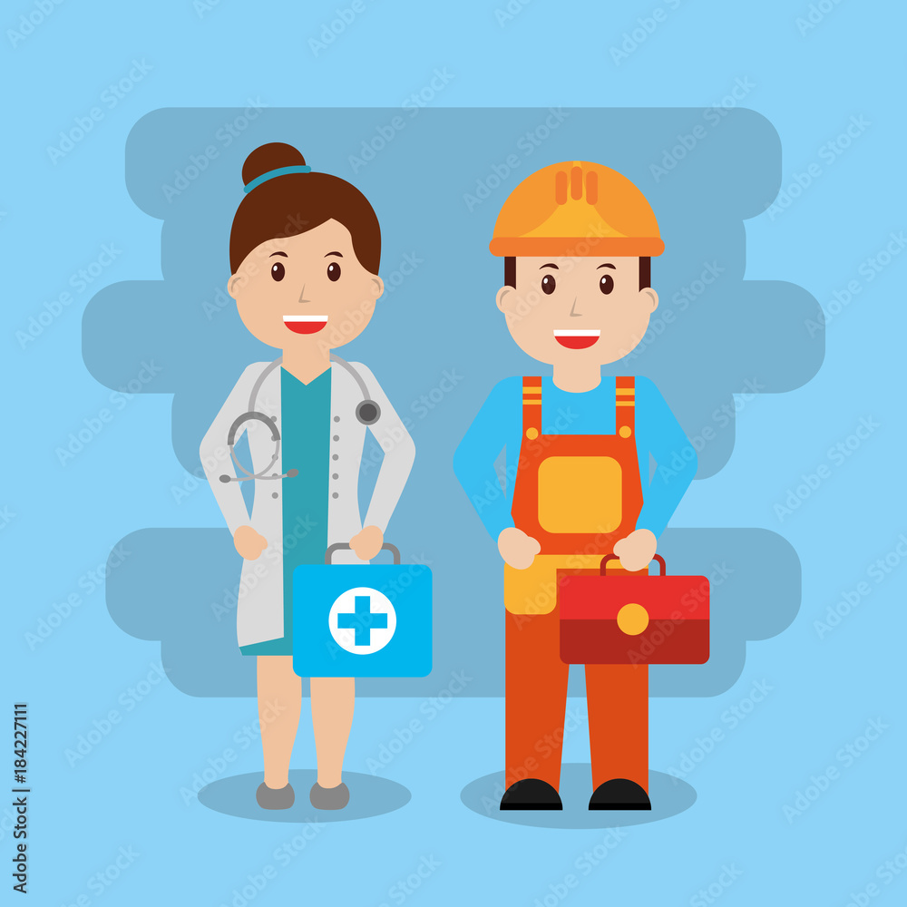 two workers female doctor with kit fist aid and foreman construction toolbox vector illustration two workers female doctor with kit fist aid and foreman construction toolbox vector illustration