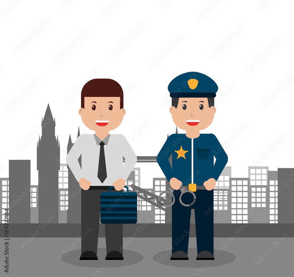 men workers business and police people city background vector illustration