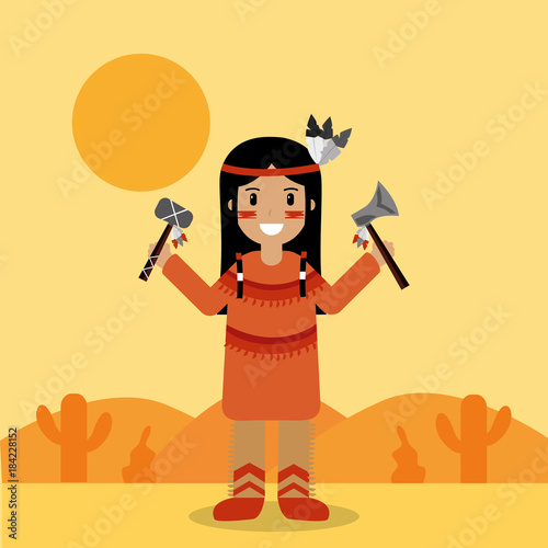 native american indian character holding tomahawk and axe vector illustration