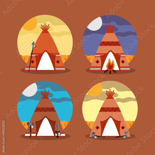 four teepee home native american with landscape difference vector illustration