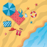 beach umbrella bikini sandals hat bag towel starfish beach sea top view vector illustration