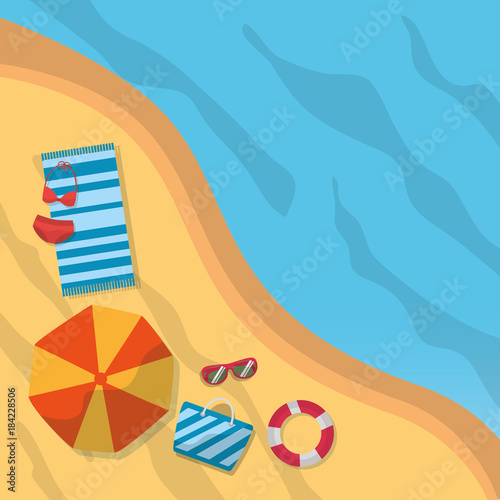 top view beach summer towel bikini umbrella sunglasses bag vector illustration