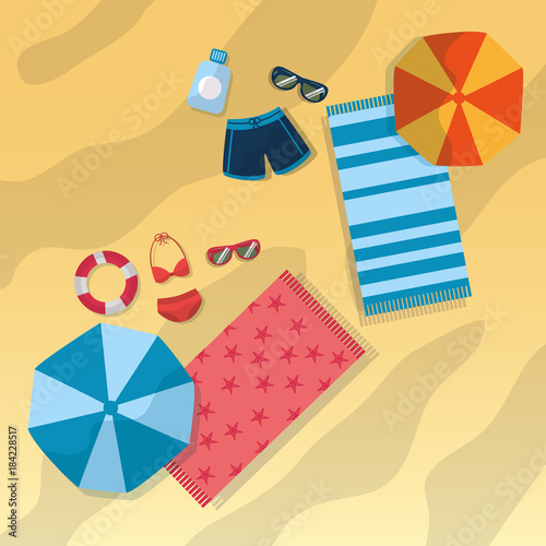 top view beach with swimsuits umbrella sunglasses towels and bottle sunscreen vector illustration