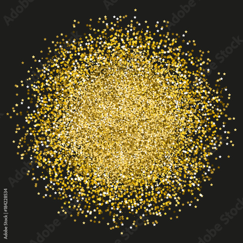 Gold sparkles and glittering powder spray. Sparkling glitter particles explosion on vector black transparent background. Golden star light shining or luxury fireworks and confetti outburst