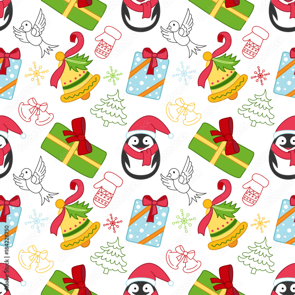 Funny cartoon Christmas seamless pattern. Winter background, decorative childish wrapper, texture, textile. Seamless festive pattern with Christmas tree, box gift, penguin, bell, mitten, bird. Funny cartoon Christmas seamless pattern. Winter background, decorative childish wrapper, texture, textile. Seamless festive pattern with Christmas tree, box gift, penguin, bell, mitten, bird.